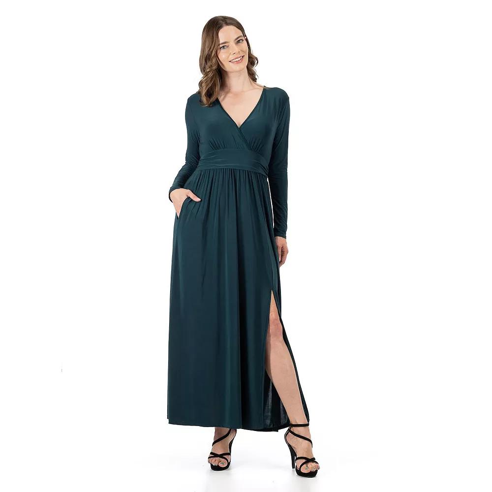 Women's 24Seven Comfort Apparel Long Sleeve V-Neck Side Slit Maxi Dress,  Product Image