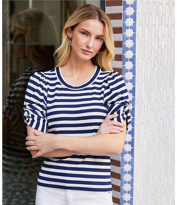 Karen Kane Stripe Ribbed Knit Scoop Neck Twist-Sleeve Top Product Image