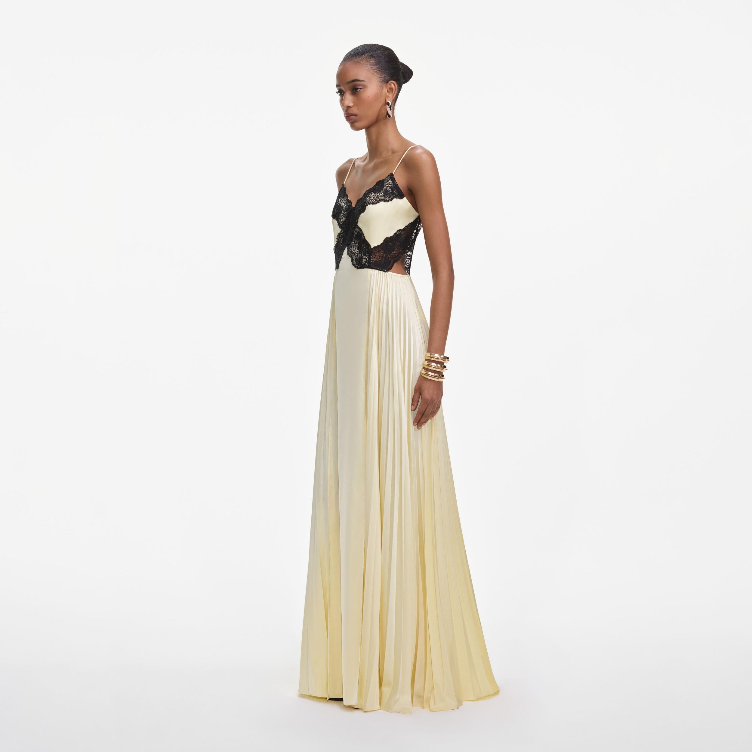 Yellow Satin Lace Maxi Dress Product Image