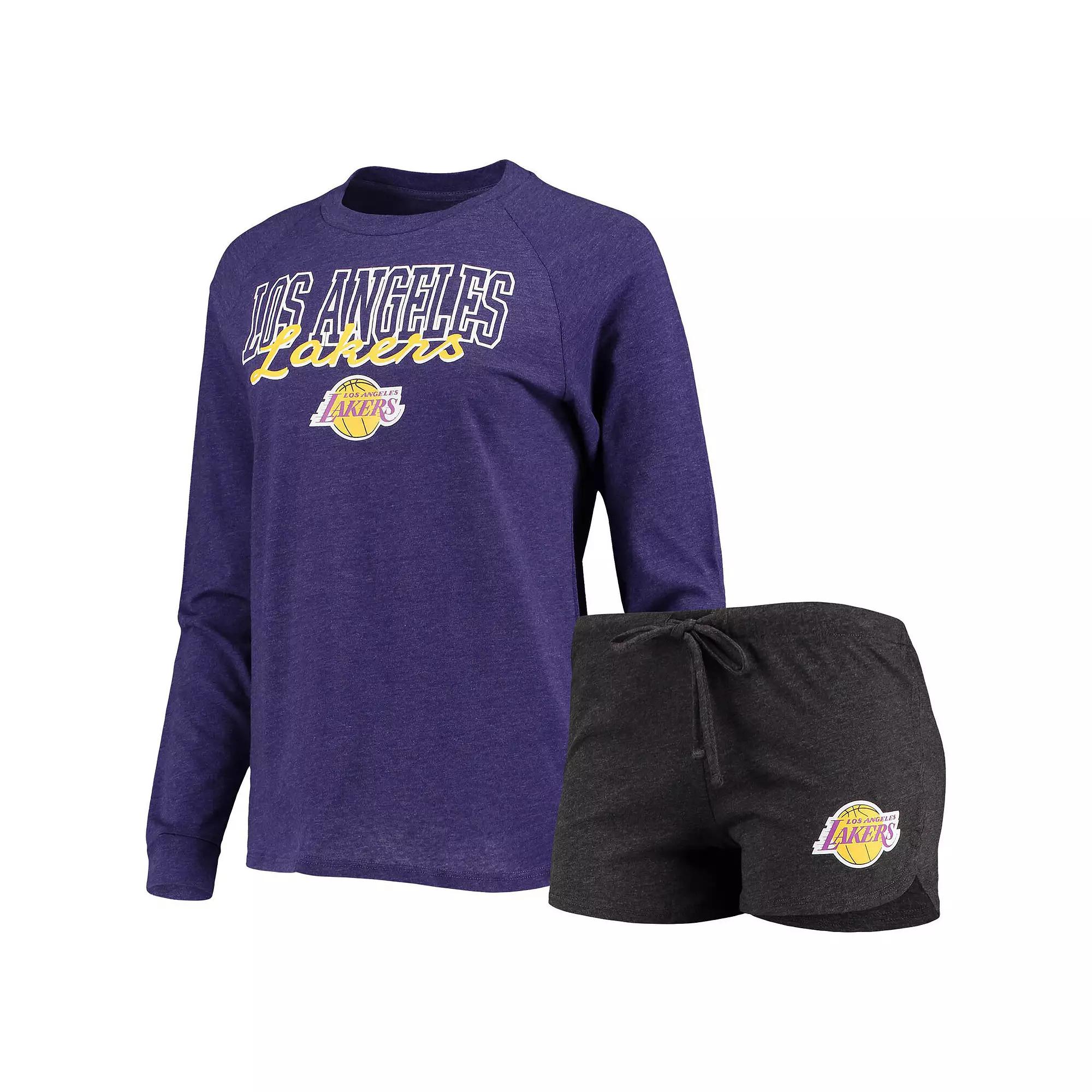Women's Concepts Sport Heathered Black/Heathered Purple Los Angeles Lakers Raglan Long Sleeve T-Shirt & Shorts Sleep Set,  Product Image