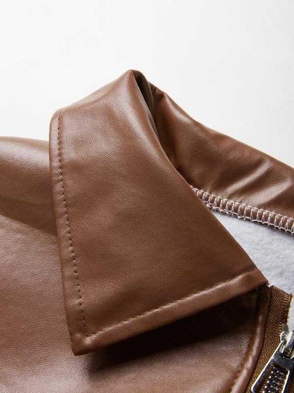 Vintage Brown Zip Up Elastic Hem Leather Jacket Product Image