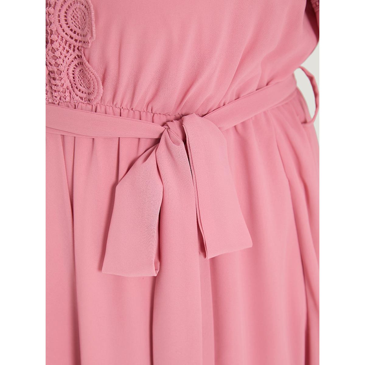 Plus Size Lace Panel Ruffle Trim Belted Lantern Sleeve Dress Pink Women Vacation Patchwork V-neck Elbow-length sleeve Curvy Knee Dress BloomChic 26/4X Product Image