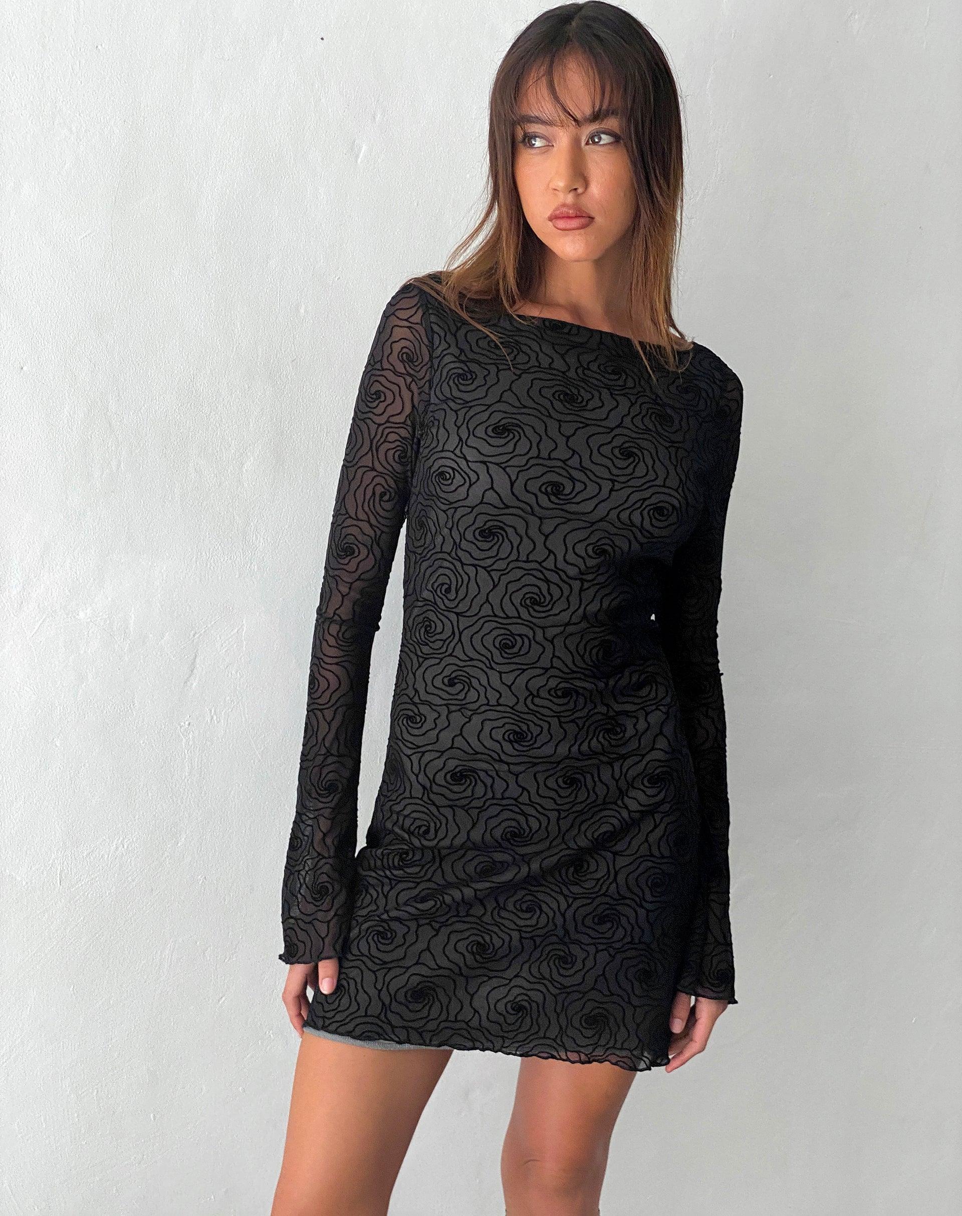 Sevila Long Sleeve Mini Dress in Mesh Black Abstract Flower Flock Female Product Image
