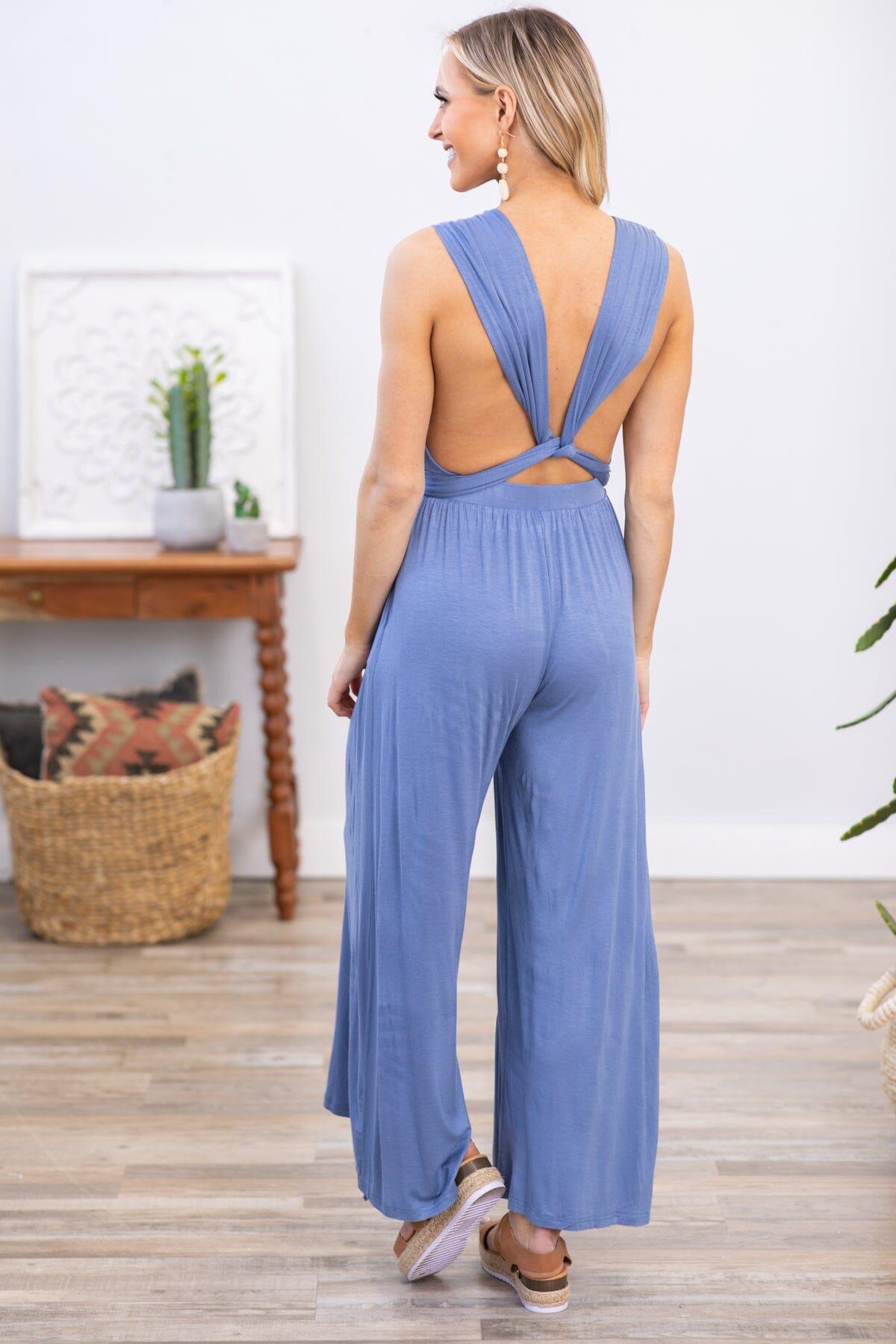 Dusty Blue Convertible Strap Wide Leg Jumpsuit Product Image