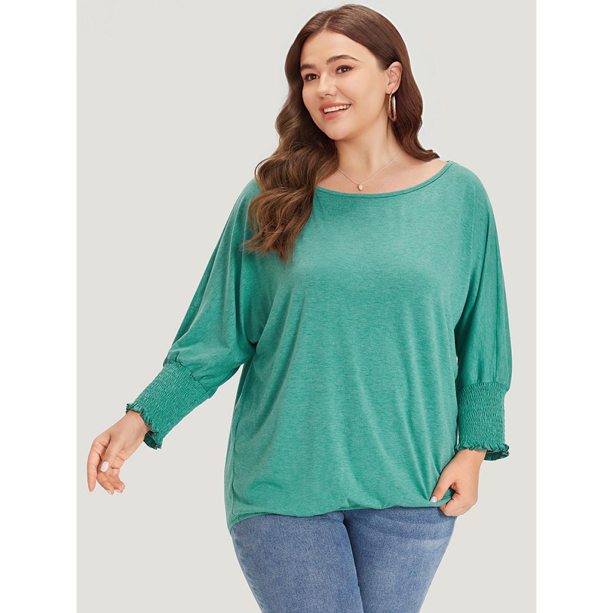 Plus Size Solid Heather Shirred Batwing Sleeve T-shirt Emerald Women Elegant Shirred Plain Round Neck Dailywear T-shirts BloomChic 26/4X Product Image