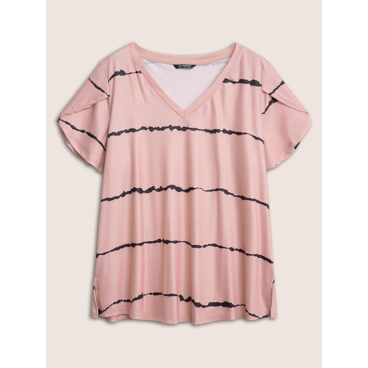 Plus Size Striped Contrast Petal Sleeve T-shirt Crepe Women Elegant Striped Everyday T-shirts BloomChic 26/4X Product Image