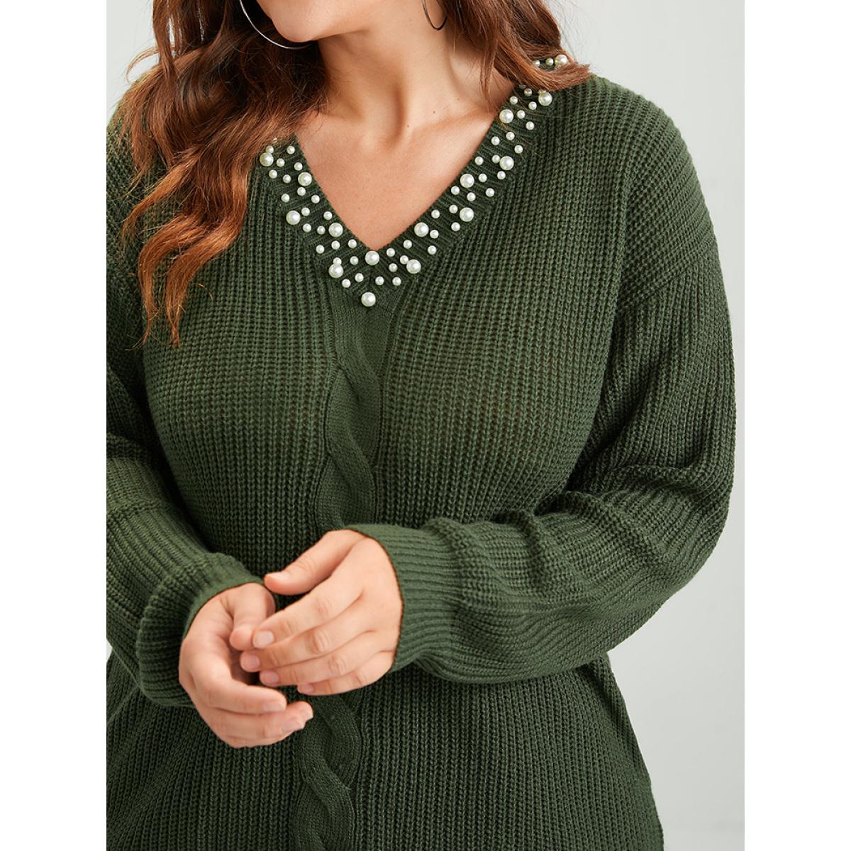 Plus Size Plain Pointelle Knit Pearl Beaded Neck Cable Knit Top ArmyGreen Women Casual Loose Long Sleeve V-neck Dailywear Pullovers BloomChic 10/M Product Image