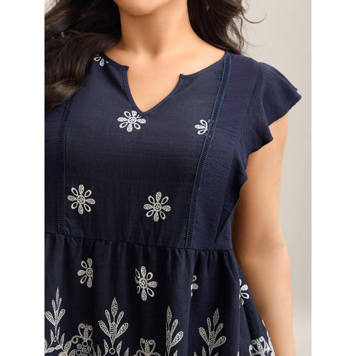 Plus Size Midnight Floral Boho Print Ruffled Plain Blouse Women Boho Cap Sleeve Round Neck Vacation Blouses BloomChic 22-24/3X Product Image