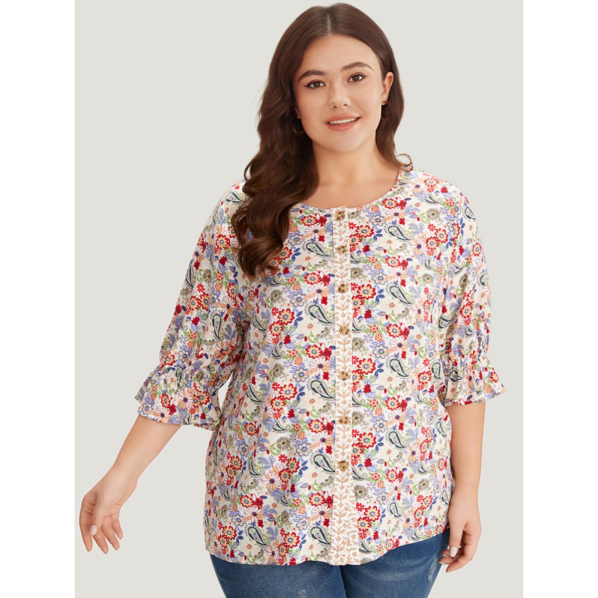 Plus Size Multicolor Floral & Paisley Graphic Button Up Lantern Sleeve Blouse Women Vacation Half Sleeve Round Neck Dailywear Blouses BloomChic 14-16/1X Product Image