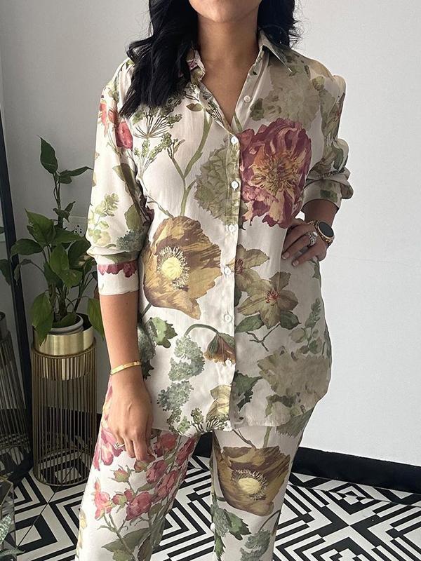 Long Sleeves Buttoned Flower Print Lapel Shirts Top + Ninth Pants Pants Bottom Two Pieces Set Product Image