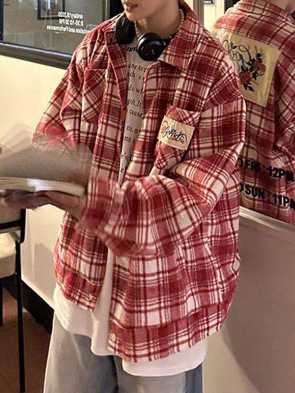 Men's Vintage Plaid Print Embroidery Long Sleeve Blouse Product Image