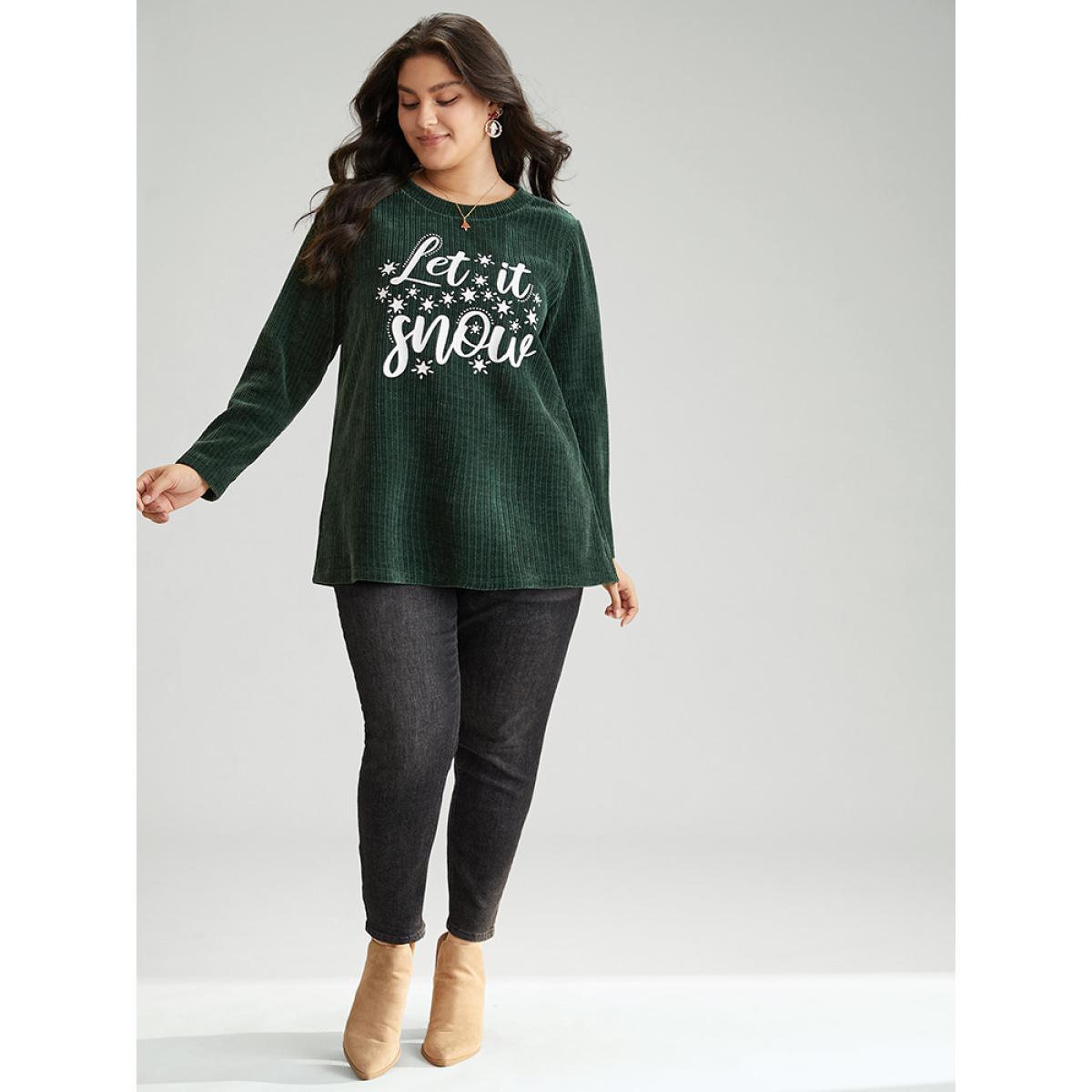Plus Size Christmas Letter Thick Corduroy T-shirt Women DarkGreen Casual Velvet Festival-Christmas Sweatshirts BloomChic 18-20/2X Product Image