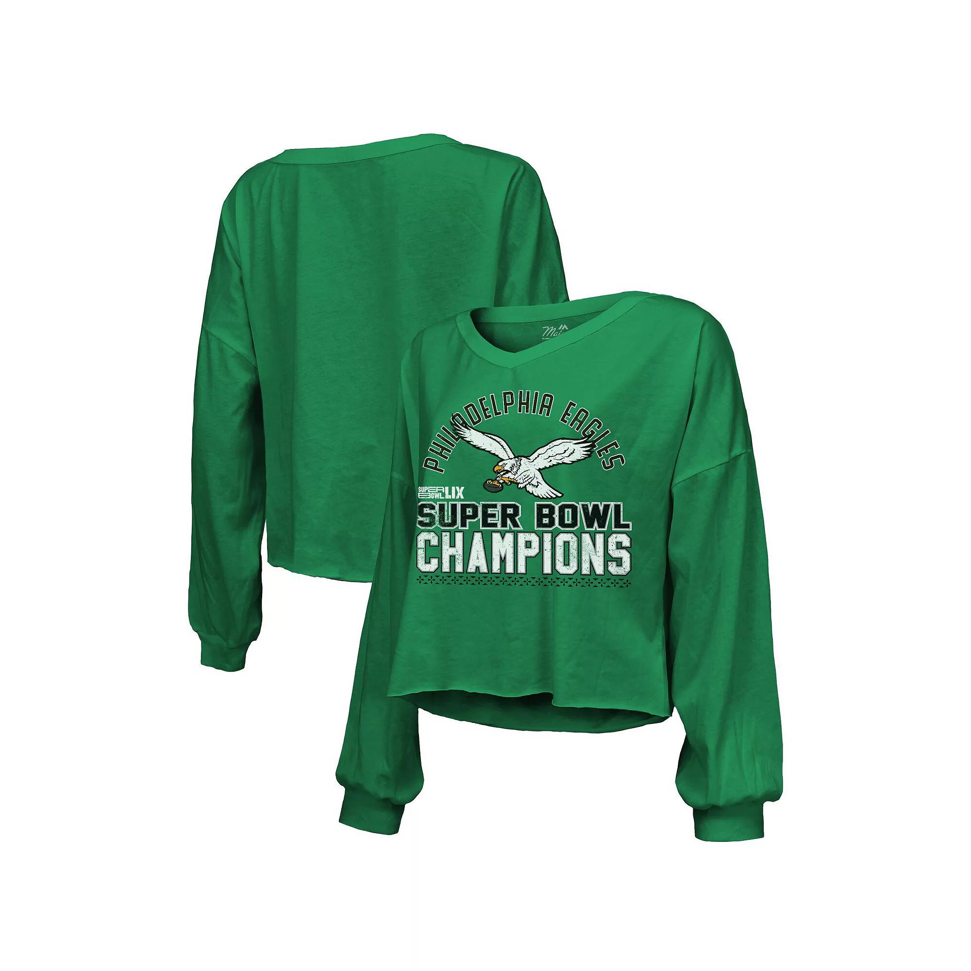 Women's Majestic Threads  Kelly Green Philadelphia Eagles Super Bowl LIX Champions Hard Count Retro Off Shoulder V-Neck Long Sleeve T-Shirt, Size: Small Product Image