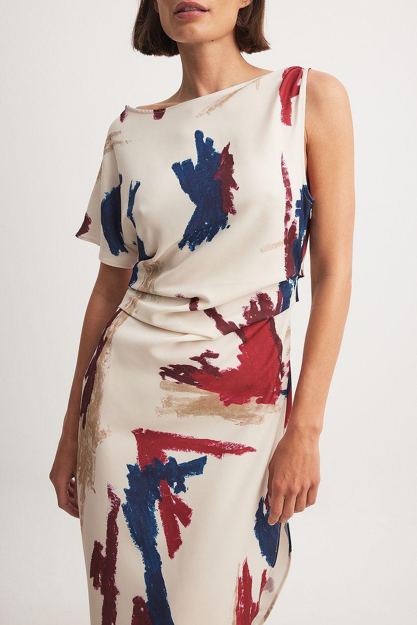 Woven One Sleeve Draped Detail Asymmetric Dress Product Image