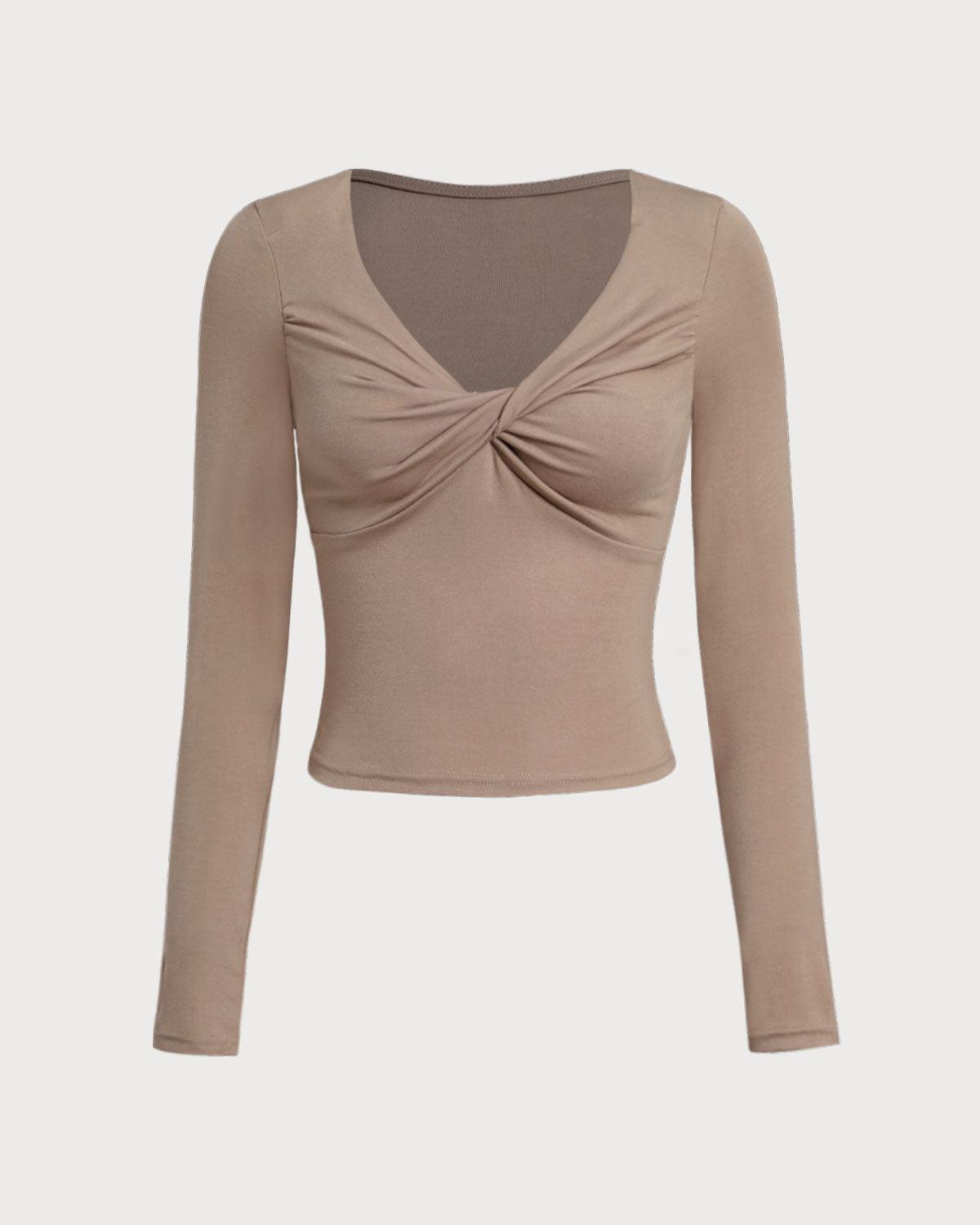 Khaki V Neck Ruched Slim Tee Product Image