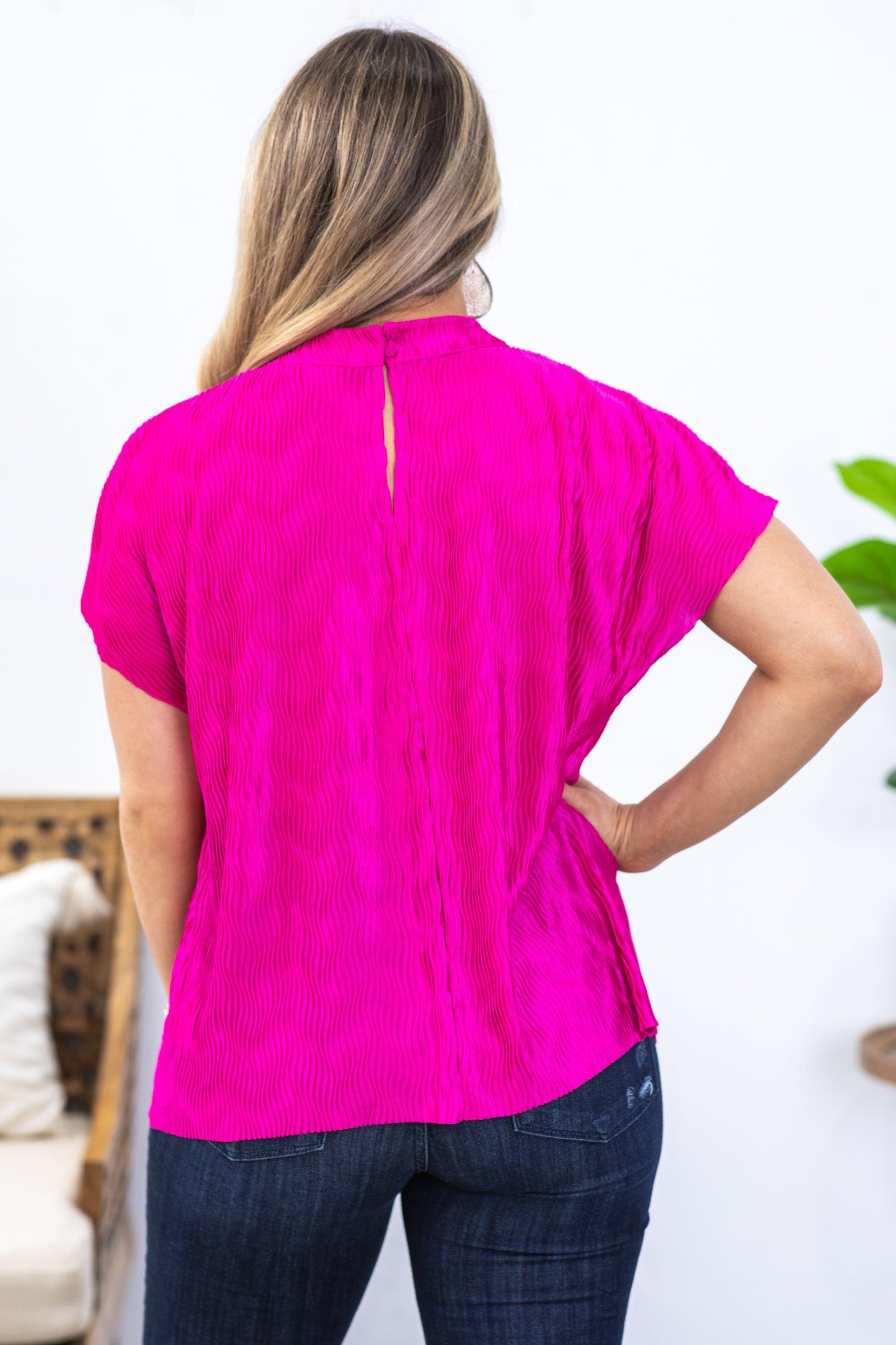 Magenta Gathered Neck Pleated Woven Top Product Image