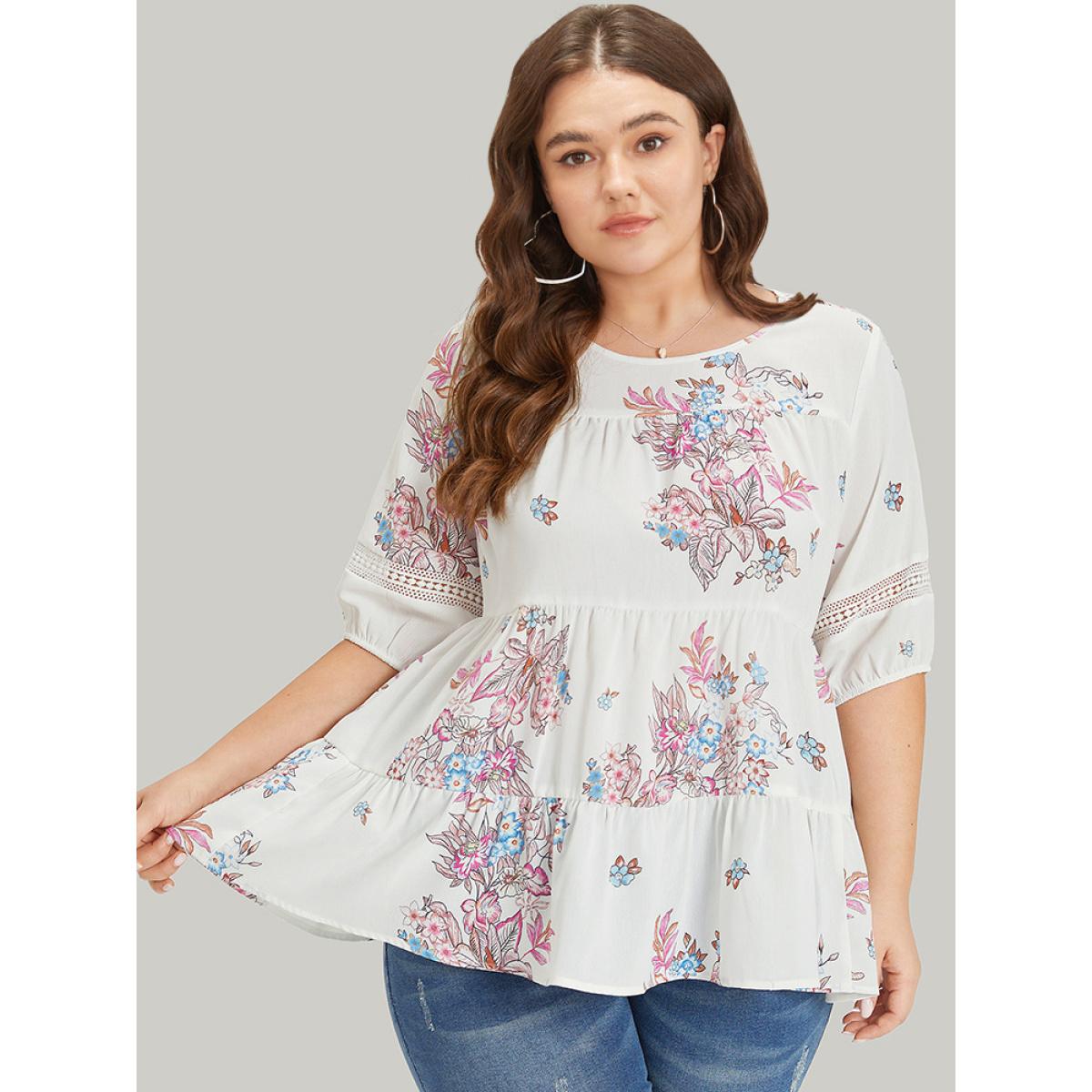 Plus Size White Floral Print Patchwork Ruffle Layered Hem Lantern Sleeve Blouse Women Elegant Half Sleeve Round Neck Dailywear Blouses BloomChic 30/6X Product Image