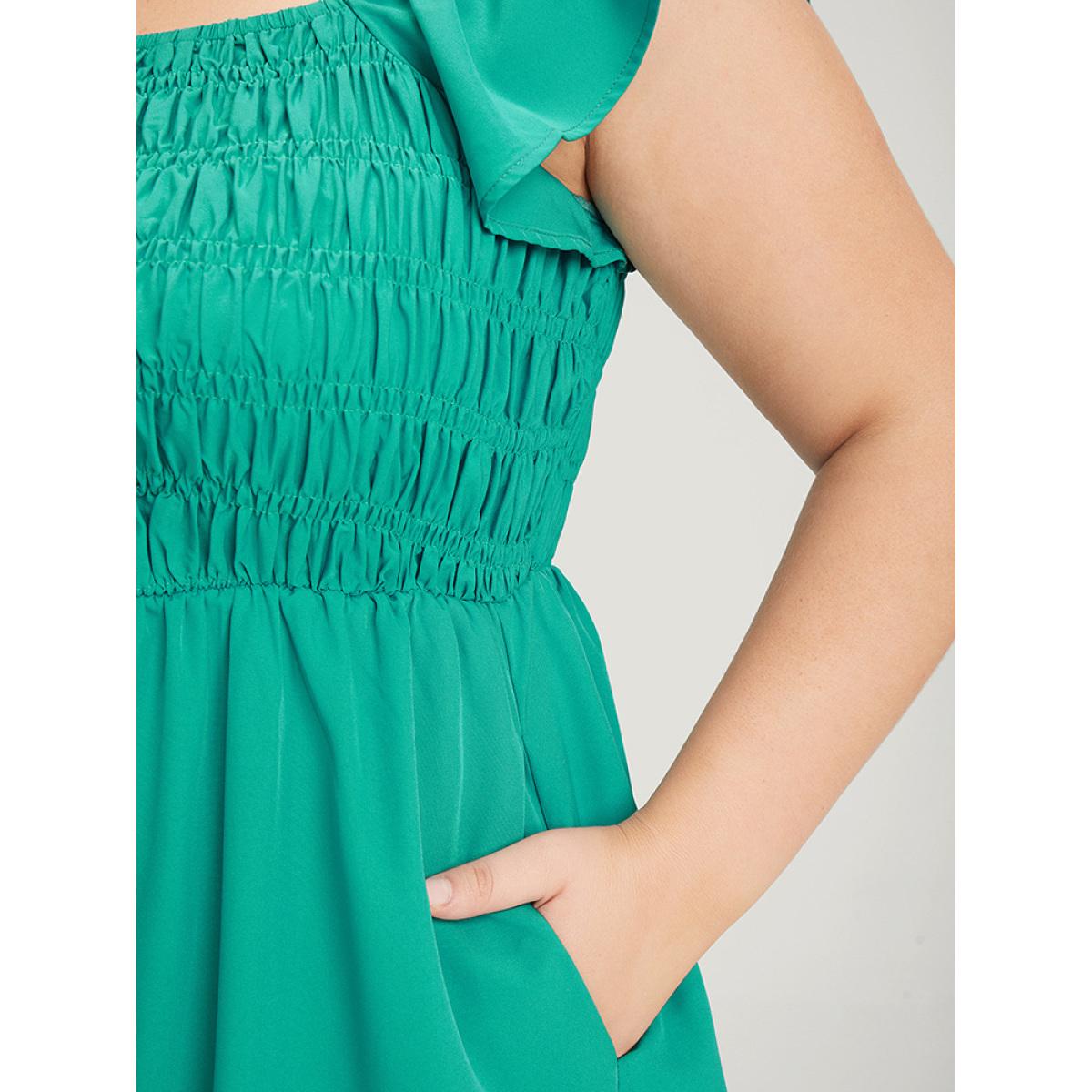Plus Size Plain Shirred Square Neck Pocket Cap Sleeve Dress Emerald Women Elegant Pocket Square Neck Cap Sleeve Curvy Midi Dress BloomChic 22-24/3X Product Image