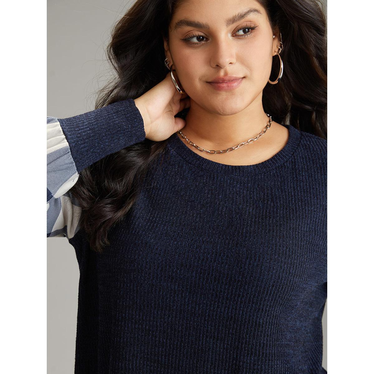 Plus Size Rib Knit Plaid Patchwork Plisse Sweatshirt Women Indigo Casual Heather Round Neck Dailywear Sweatshirts BloomChic 30/6X Product Image