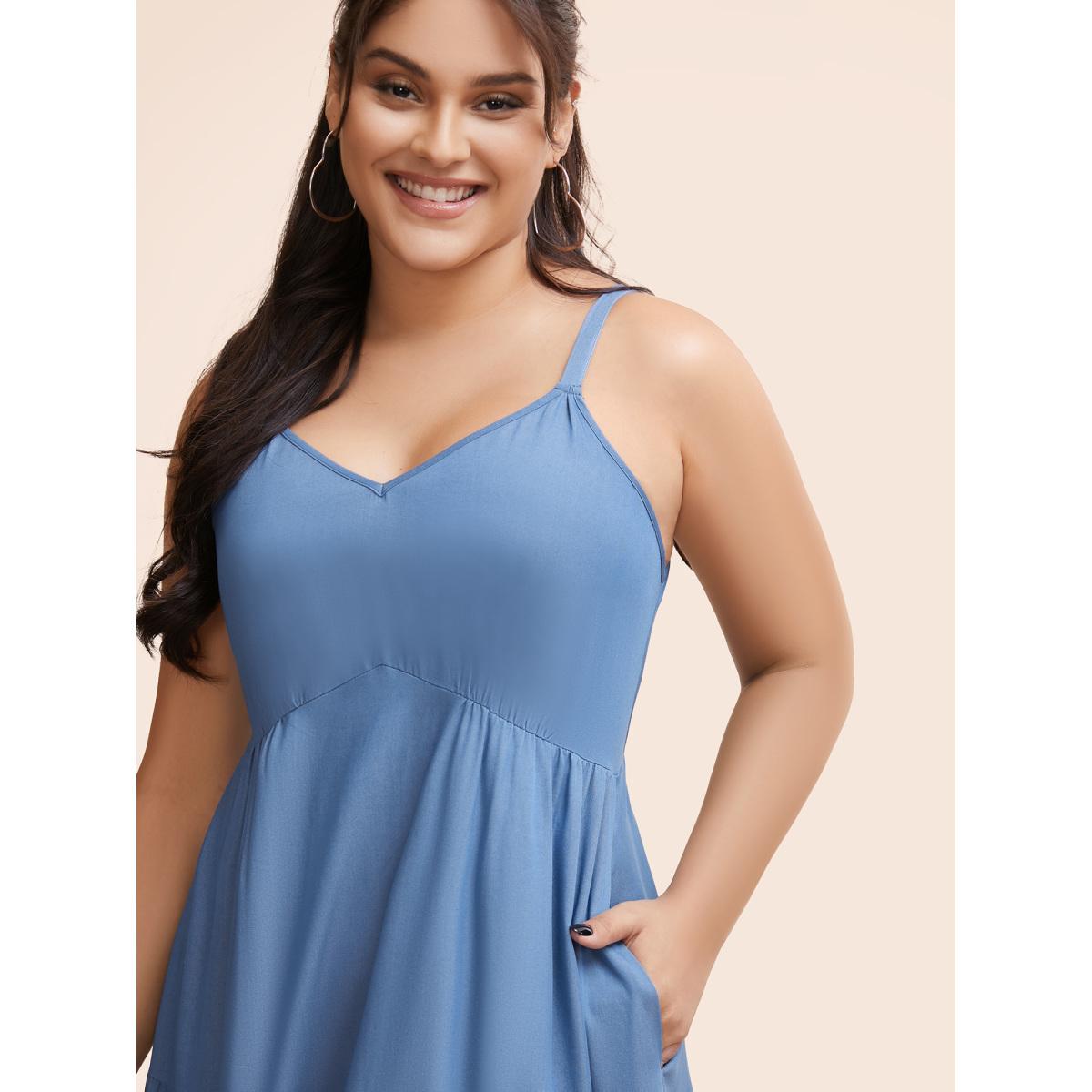 Plus Size Solid Ruffle Layered Hem Cami Dress Mediumblue Women Casual Gathered Heart neckline Sleeveless Curvy BloomChic 30/6X Product Image