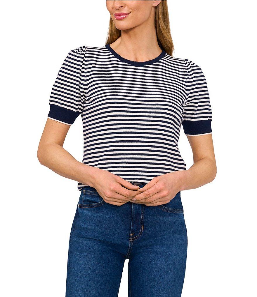 CeCe Knit Striped Crew Neck Short Puff Sleeve Sweater Product Image