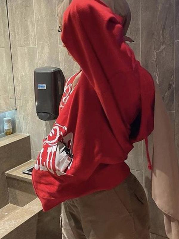 Red Vintage Print Zip Up Oversized Hoodie Product Image