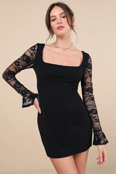 Chyra Black Lace Long Sleeve Mini Dress Product Image