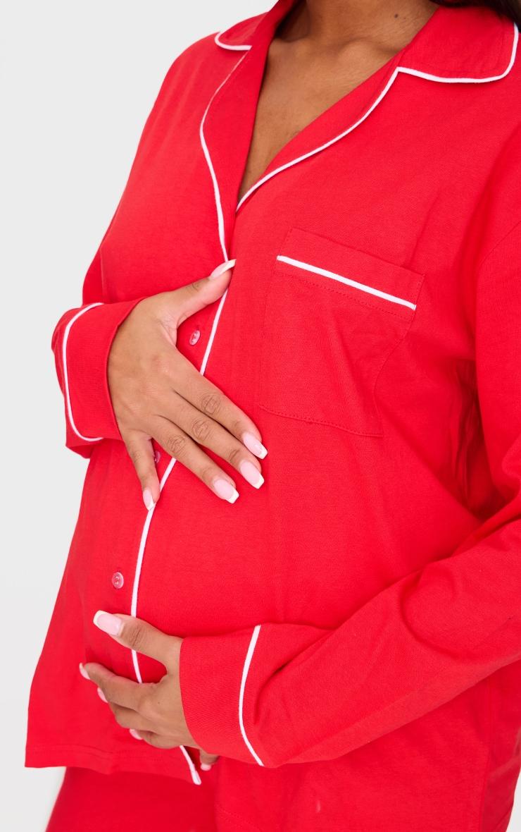 Maternity Red Jersey Piping Detail Long Pj Set Product Image