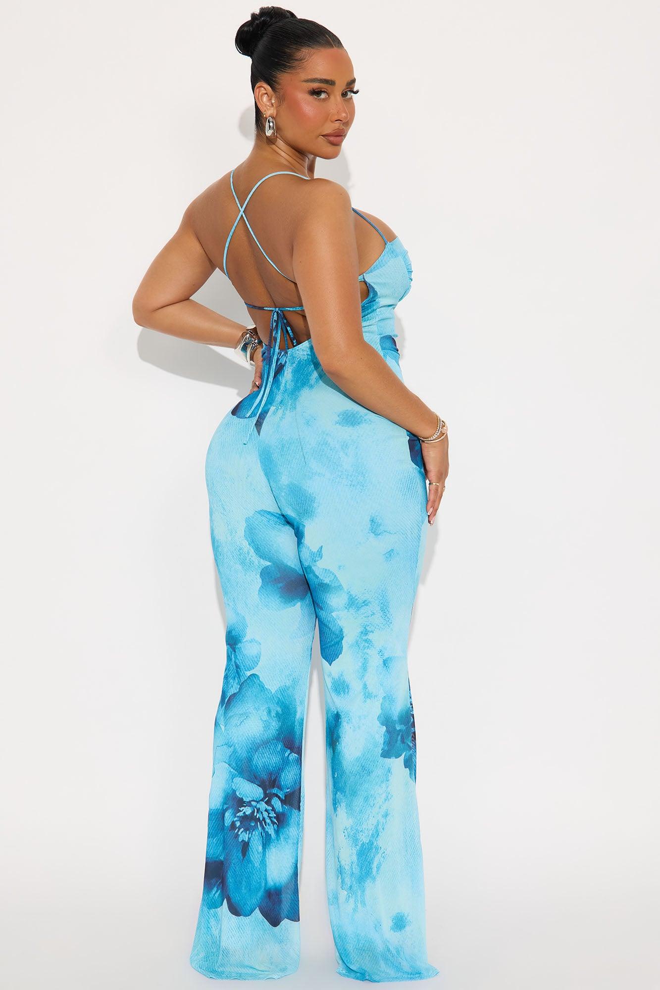 Island Breeze Mesh Halter Jumpsuit - Blue/combo Female Product Image