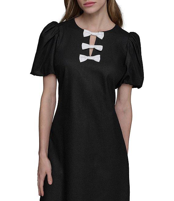 KARL LAGERFELD PARIS Linen Blend Crew Neck Short Sleeve Bow Sheath Mini Dress Product Image