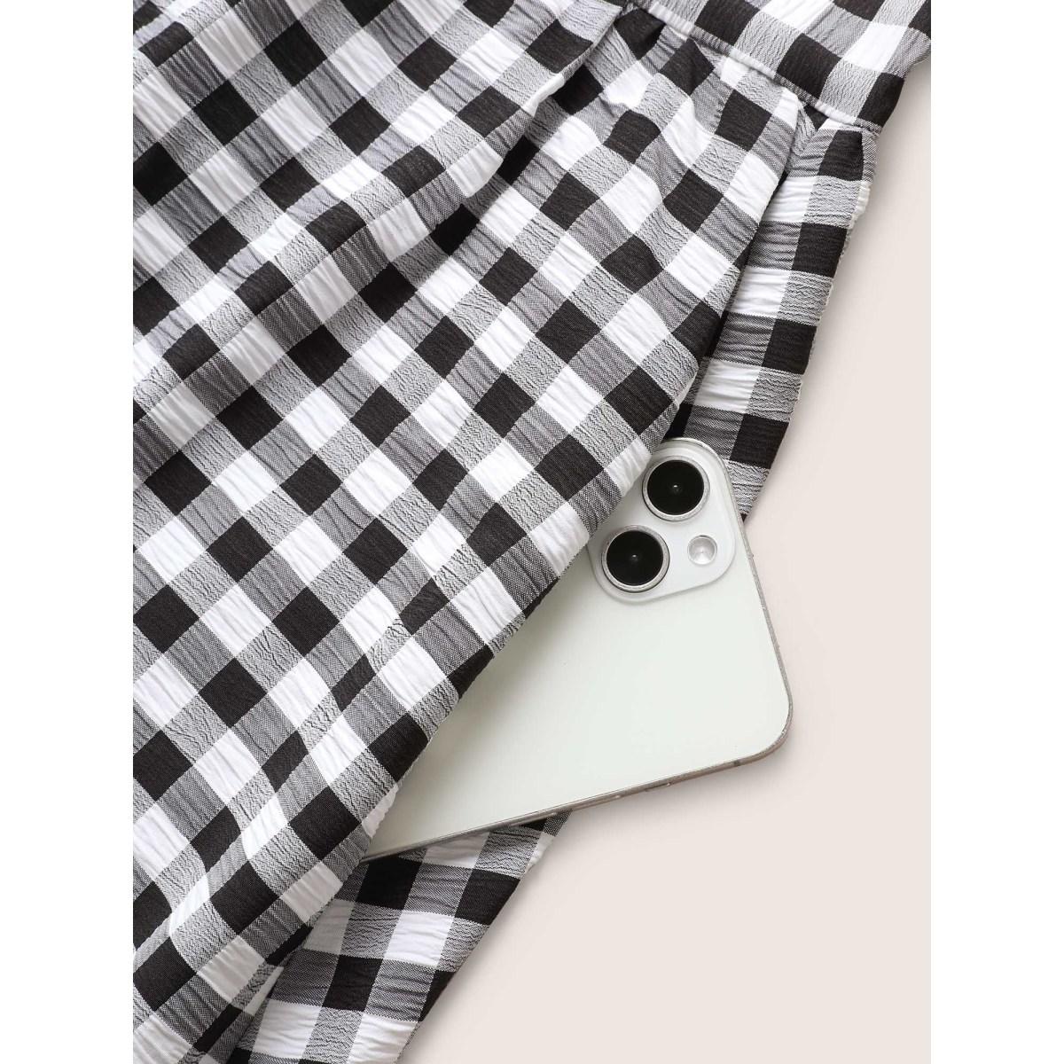 Plus Size Round Neck Gingham Adjustable Straps Dress Black Women Casual Gathered Round Neck Sleeveless Curvy BloomChic 30/6X Product Image