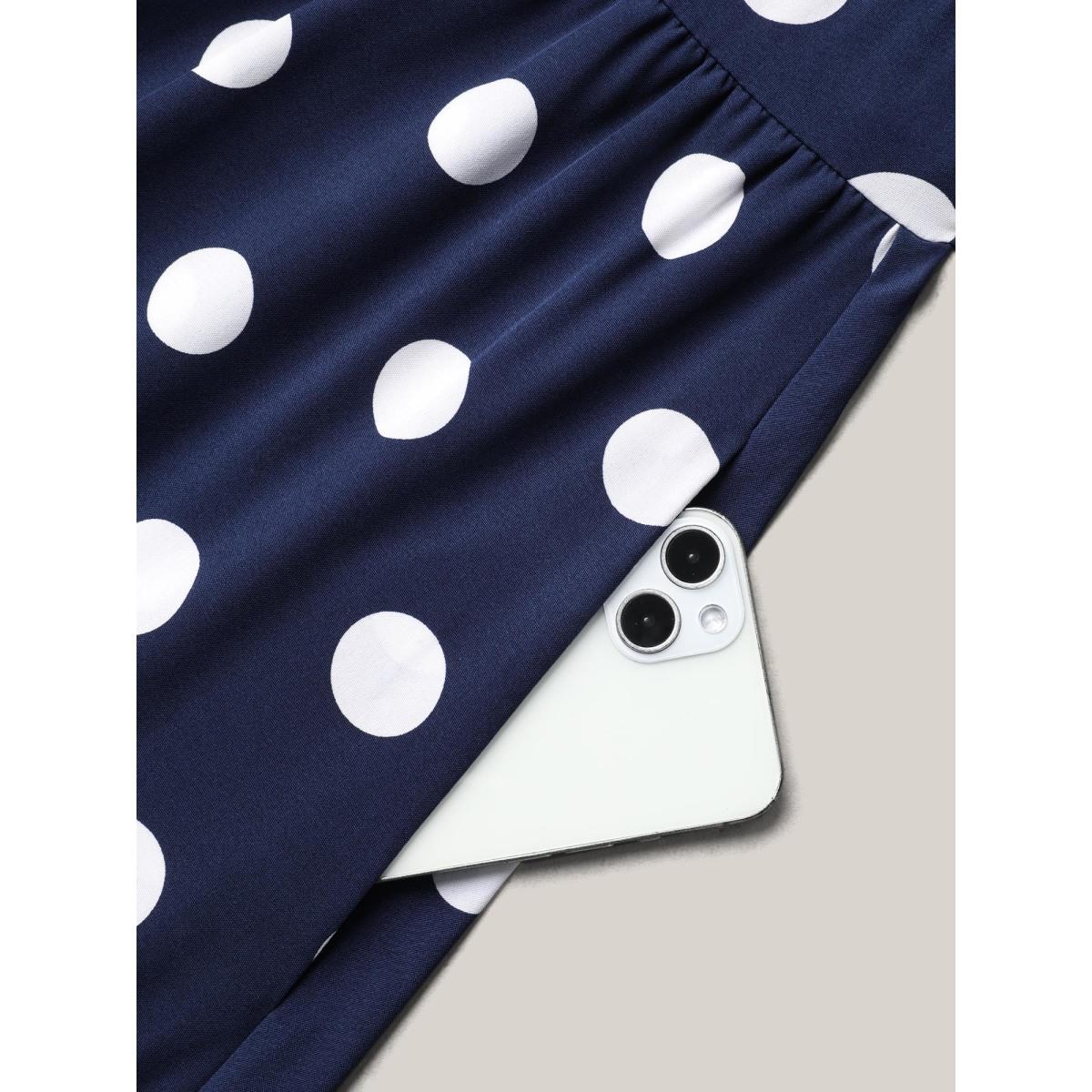 Plus Size Polka Dots Surplice Neck Waist-Cinched Dress Navy Women Elegant Ruffles Overlap Collar Elbow-length sleeve Curvy BloomChic 22-24/3X Product Image