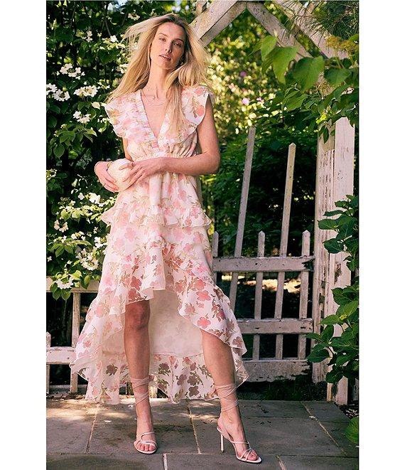 Layered With Love Isabella Burnout Floral Jacquard V-Neck Sleeveless Ruffle Hi-Low Hem A-Line Midi Dress Product Image