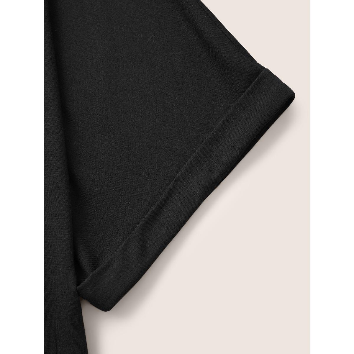 Plus Size V Neck Block Weave Trim Batwing Sleeve T-shirt Black Women Resort Patchwork V-neck Vacation T-shirts BloomChic 14-16/1X Product Image