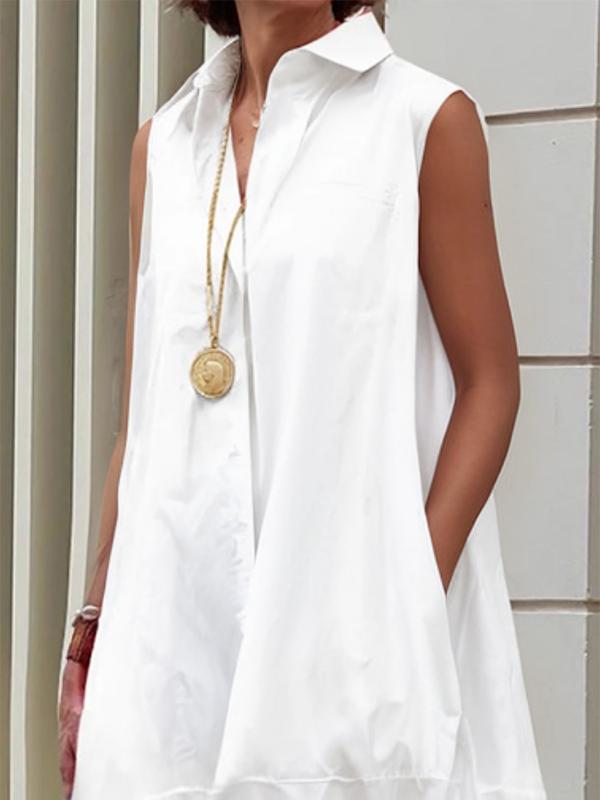 Loose Sleeveless Buttoned Solid Color Lapel Midi Dresses Shirt Dress Product Image
