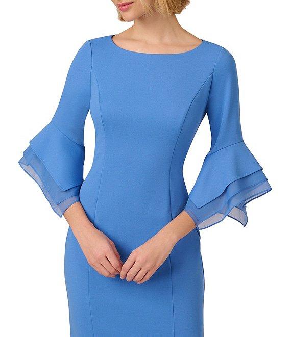 Adrianna Papell Petite Size 3/4 Bell Sleeve Boat Neck Stretch Crepe Knit Sheath Dress Product Image