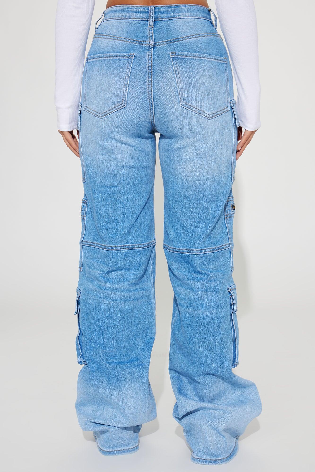 Back Talking Stretch Straight Cargo Jeans - Medium Wash Product Image