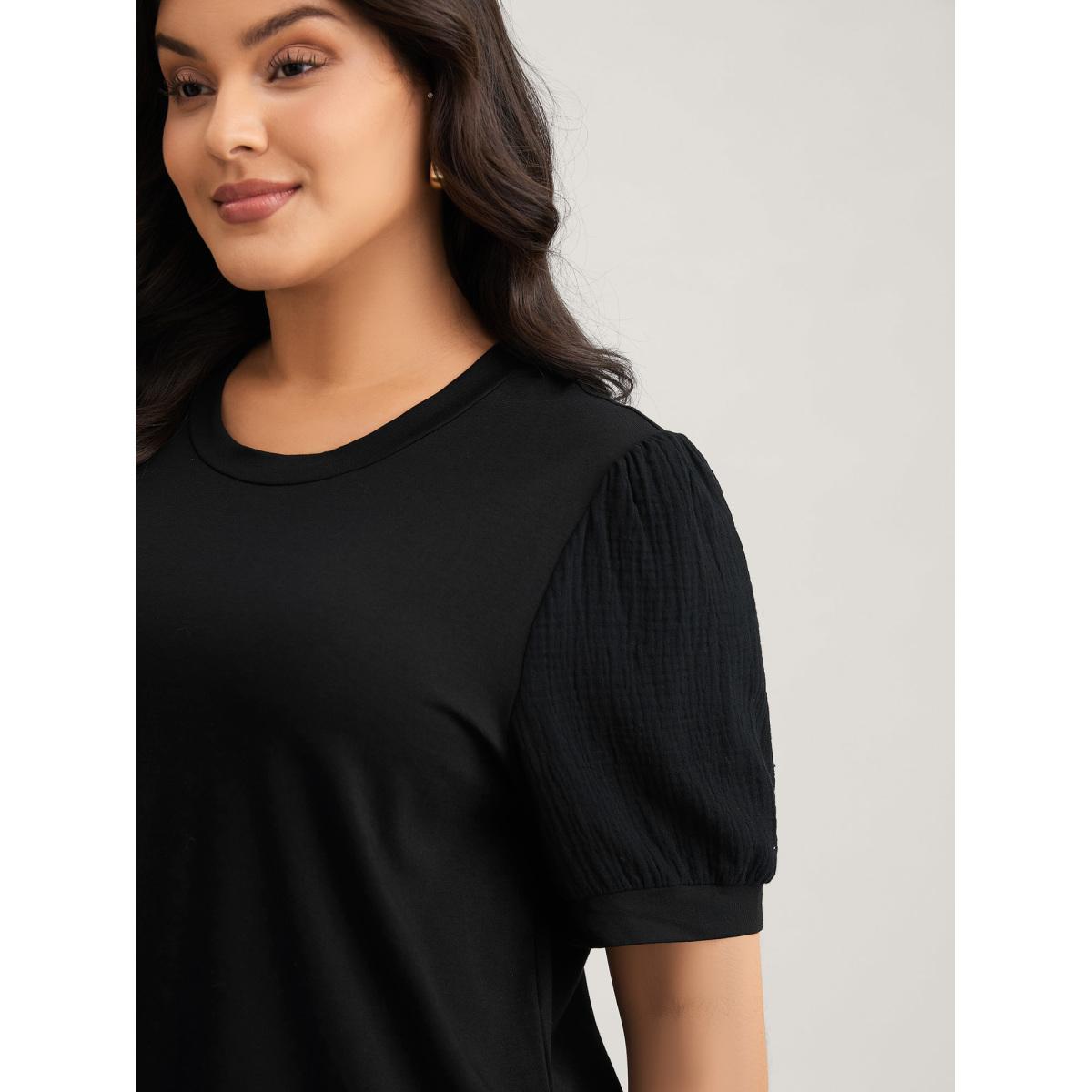 Plus Size Plain Textured Patchwork Lantern Sleeve T-Shirt Black Women Leisure Texture Round Neck Casual T-shirts BloomChic 22-24/3X Product Image