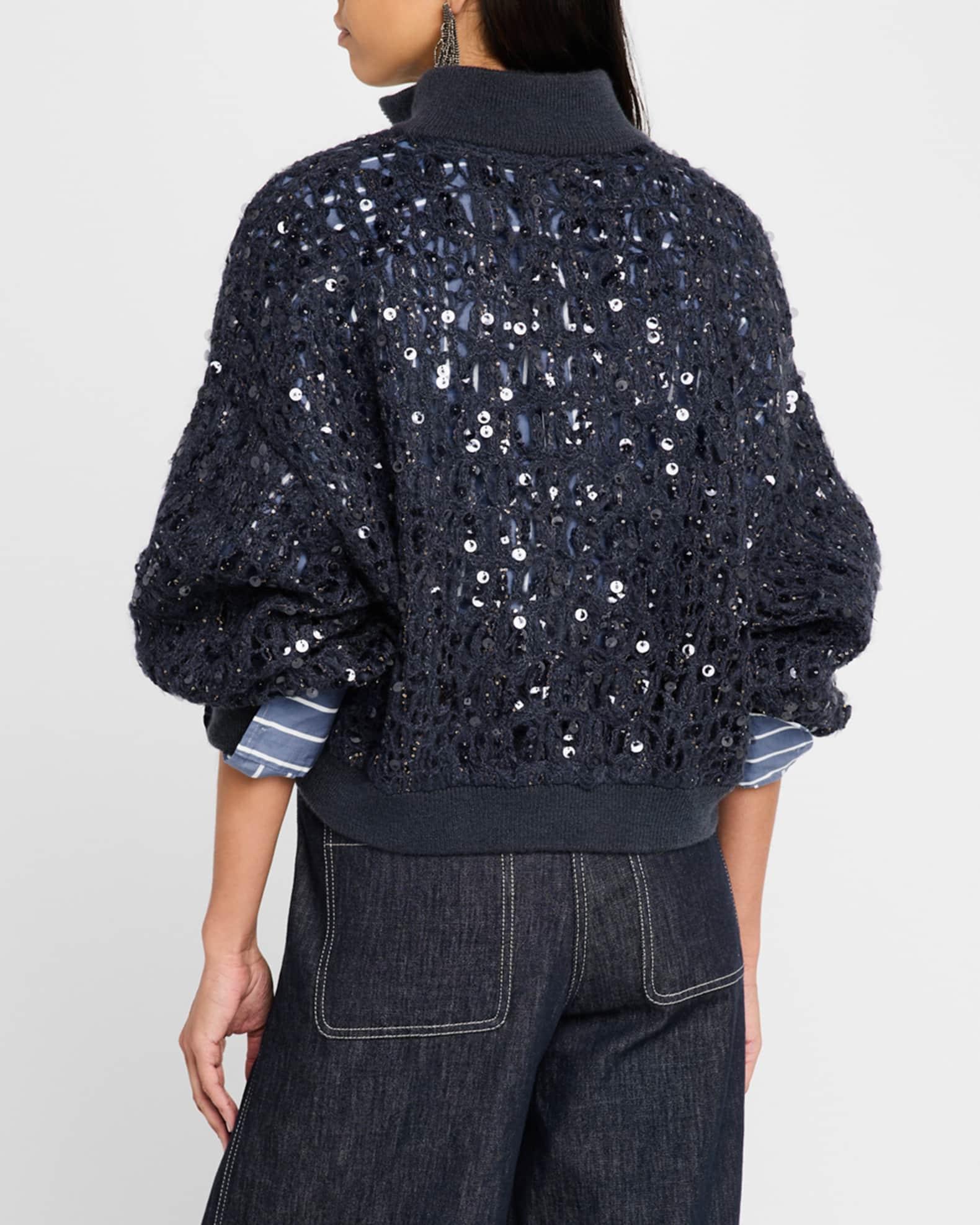 Wool-Cashmere Paillette Open-Knit Zip Cardigan Product Image