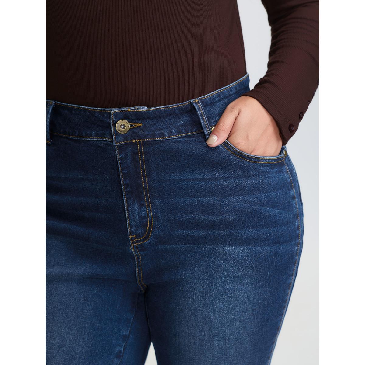 Plus Size Mid-Rise Flare Hem Jeans Women Denimindigo Leisure High stretch Slanted pocket Jeans BloomChic 26/4X Product Image