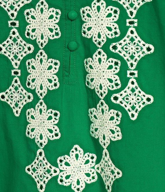 Gibson & Latimer Woven Embroidered Floral Ruffled Slit Round Button Front Neck Long Blouson Sleeve Hi-Low Shirttail Blouse Product Image