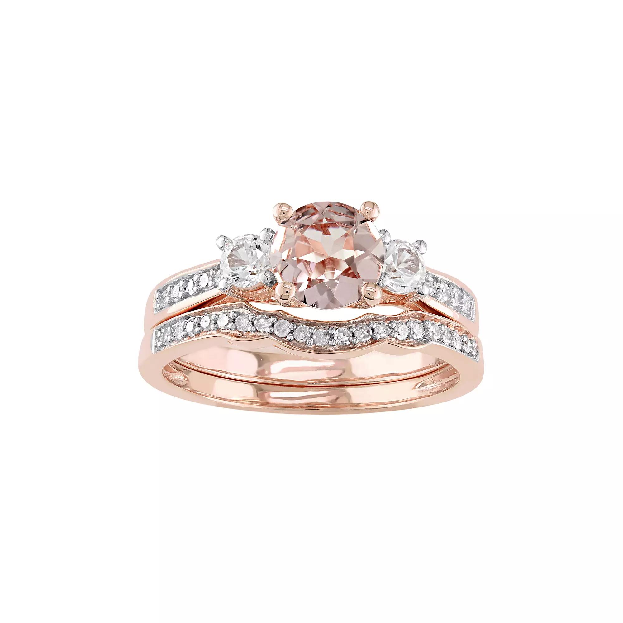 Stella Grace 10k Rose Gold Morganite, Lab-Created White Sapphire & 1/8 Carat T.W. Diamond Engagement Ring Set, Women's,  Product Image
