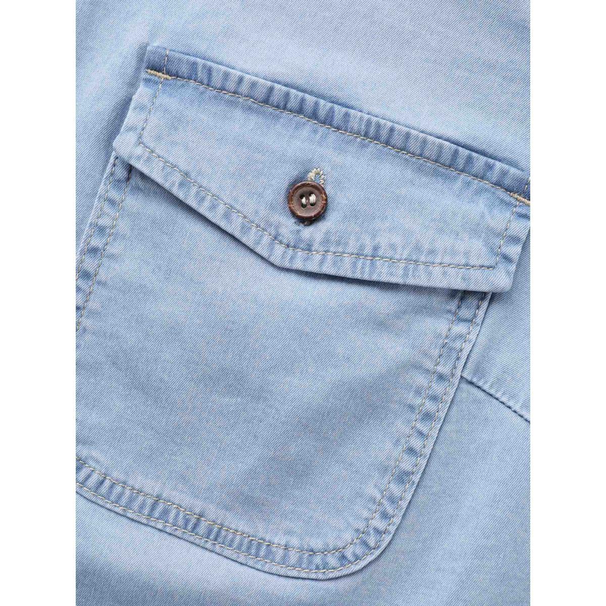 Women Stretch Denim Chest Pockets Jacket Denimblue Plus Size Button Casual Patch pocket Leisure Denim Jackets BloomChic 12/L Product Image