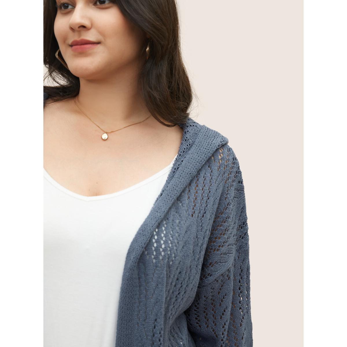 Plus Size Solid Hollow Out Hooded Cardigan Stone Women Casual Long Sleeve Everyday Cardigans BloomChic 12/L Product Image