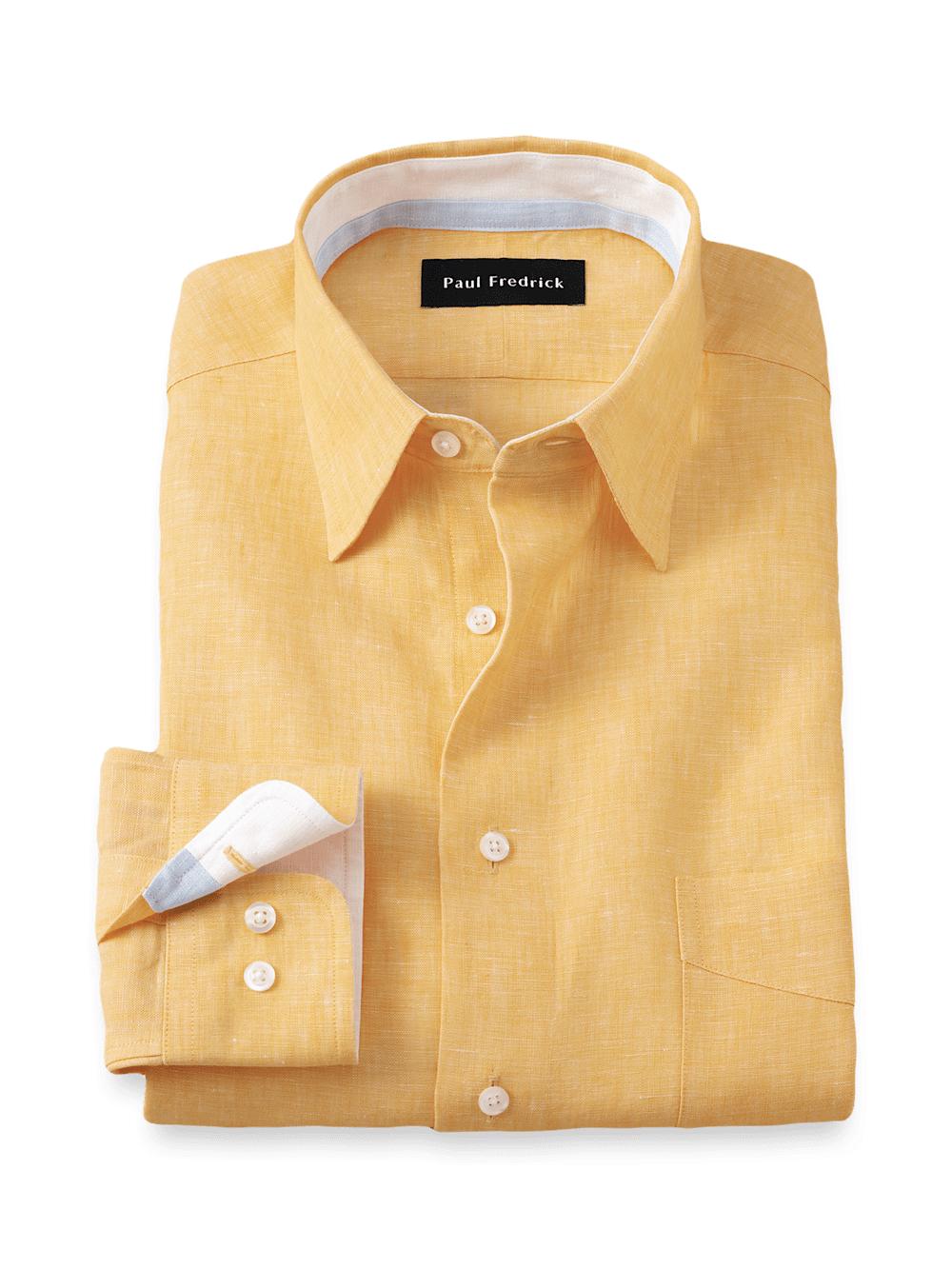 Non-Iron Linen Solid Dress Shirt With Contrast Trim - Yellow Product Image