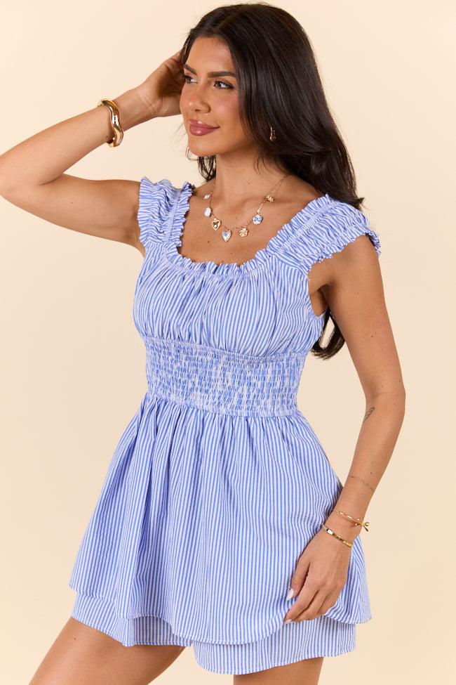 Good Things Take Time Blue Stripe Smocked Romper FINAL SALE Product Image