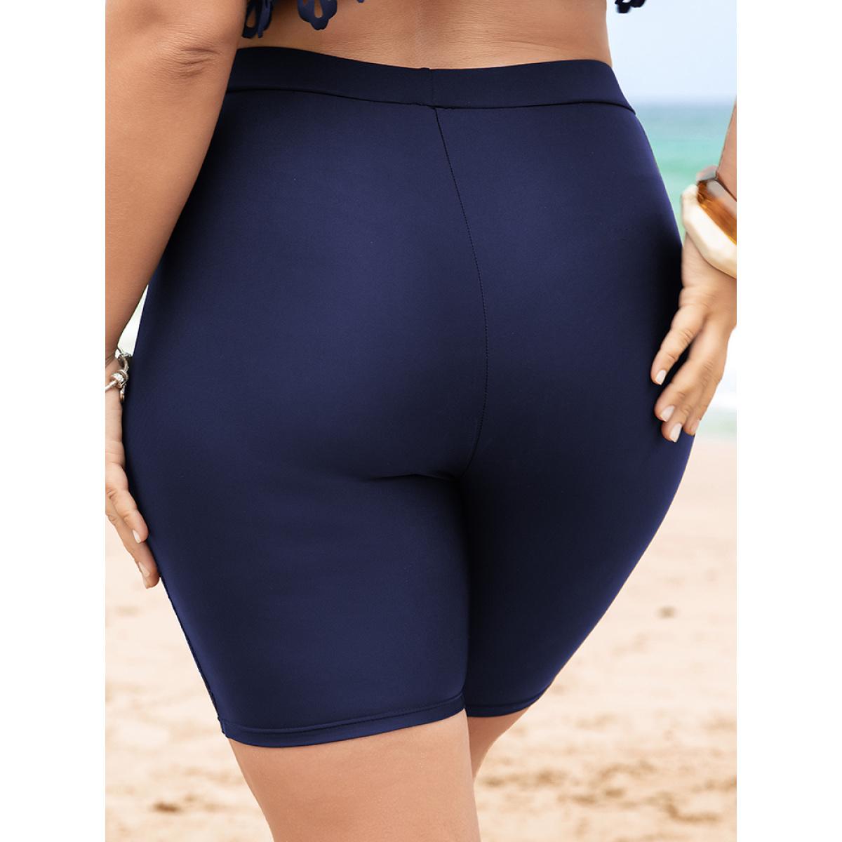 Plus Size Lace Insert High Waist Swim Shorts Women's Swimwear Indigo Vacation See through High stretch Skinny High Rise Curve Swim Bottoms BloomChic 10/M Product Image