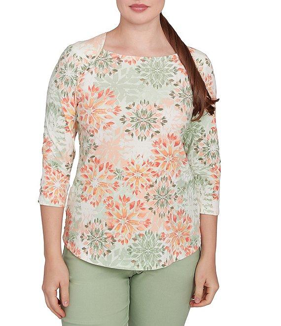 Ruby Rd.Stretch Cotton Jersey Floral Envelope Neck 3/4 Sleeve Top Product Image