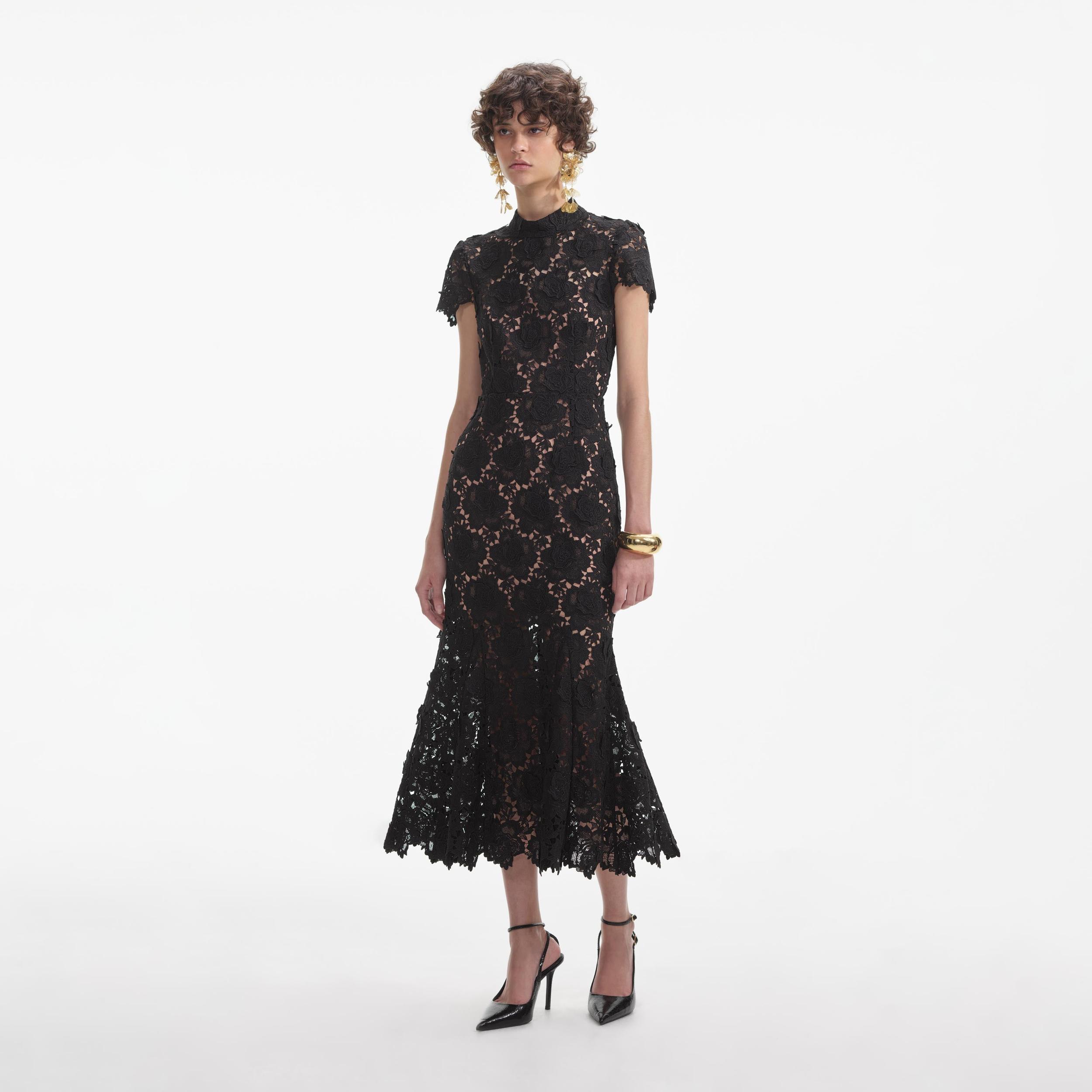 Black Flower Lace Midi Dress Product Image