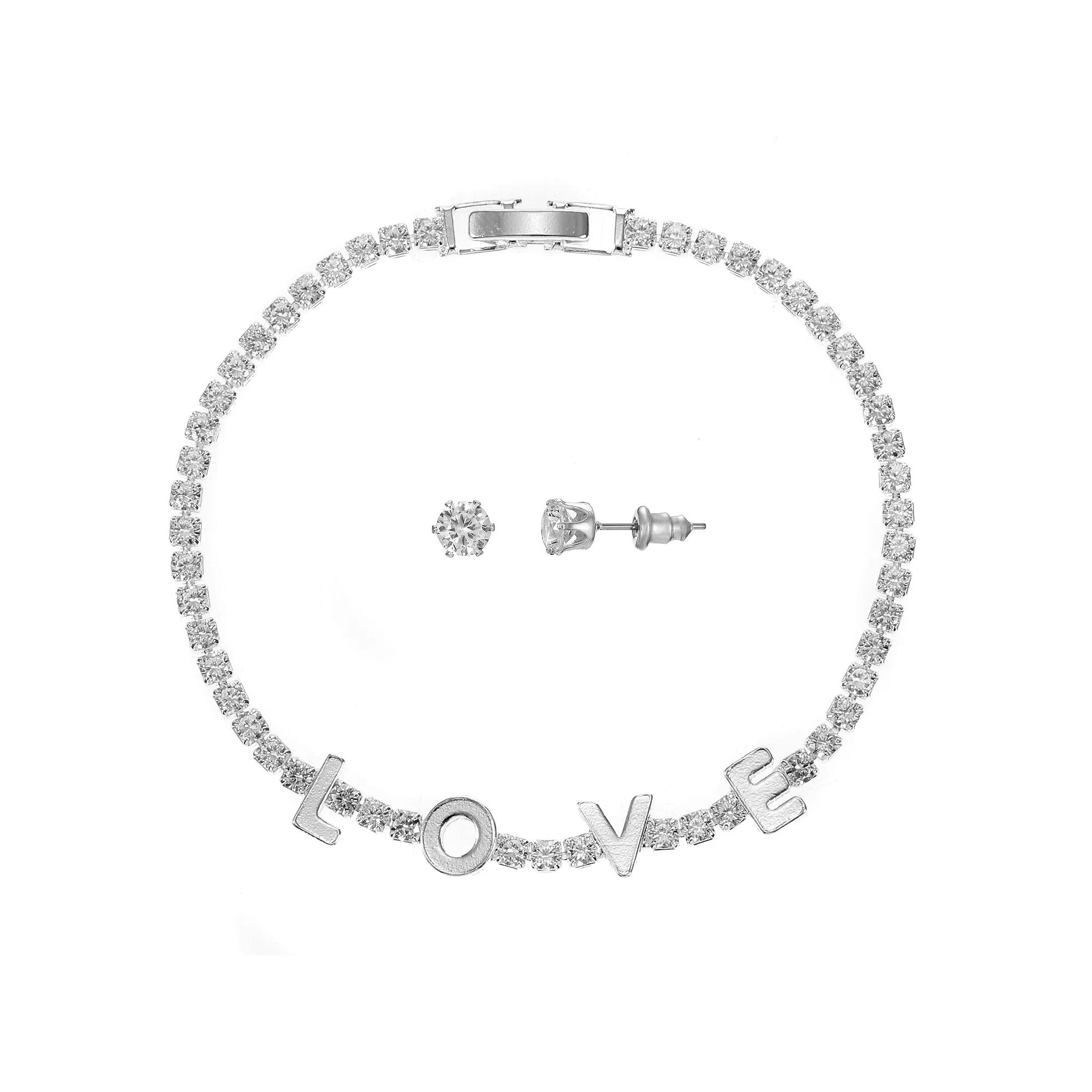 Silver Tone Cubic Zirconia "Love" Tennis Bracelet & Stud Earrings Set, Women's Product Image